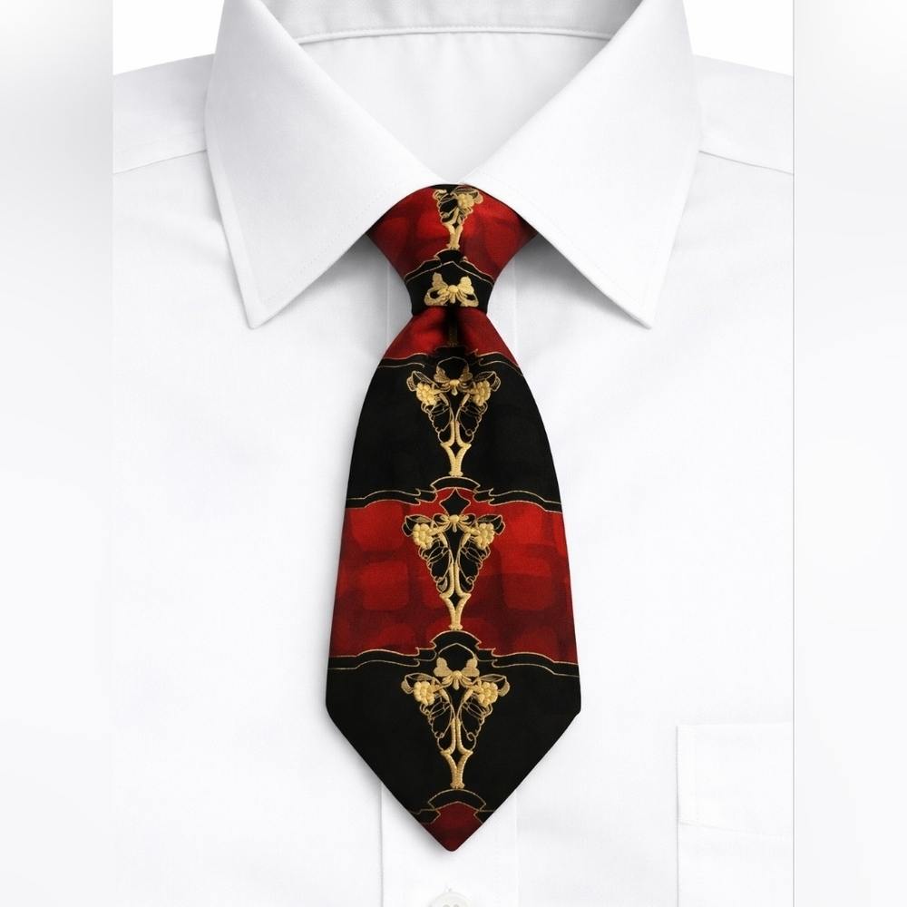Vtg OTTIMO UOMO Red and Black Floral Patterned Silk Tie